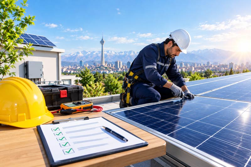 Solar technician inspecting rooftop panels opt